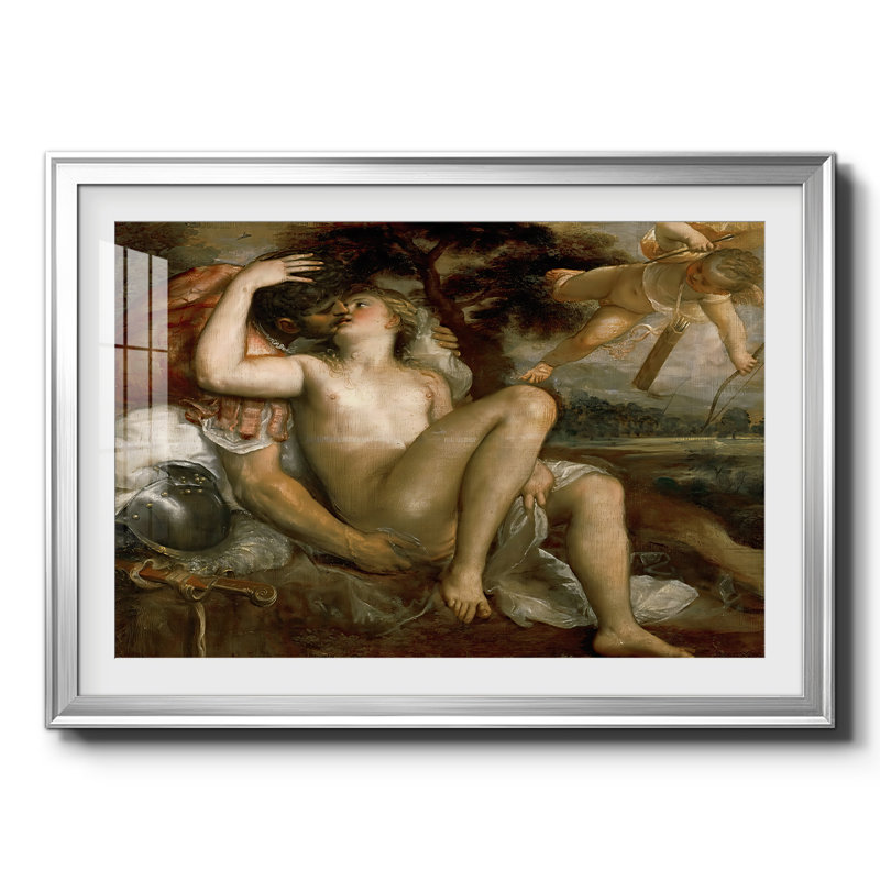 Mars, Vénus et Cupidon-Titien, reproduction encadrée avec passe-partout et verre-c. 1530, 22,5 x 30,5, Impression encadrée