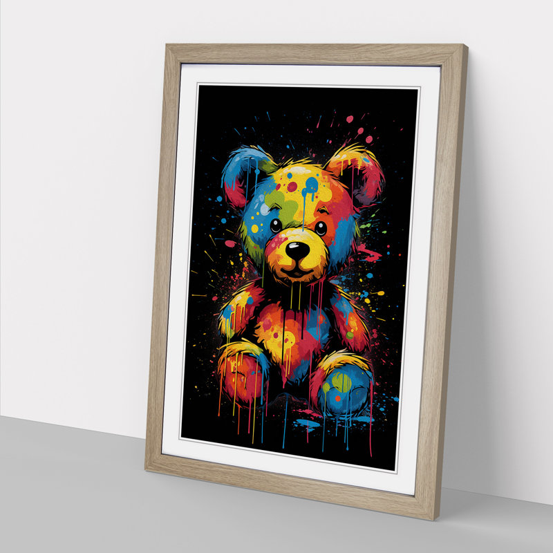 Teddy Bear Pop - Single Picture Frame Print on Wood, Oak, 34cm H x 25cm W x 2cm D