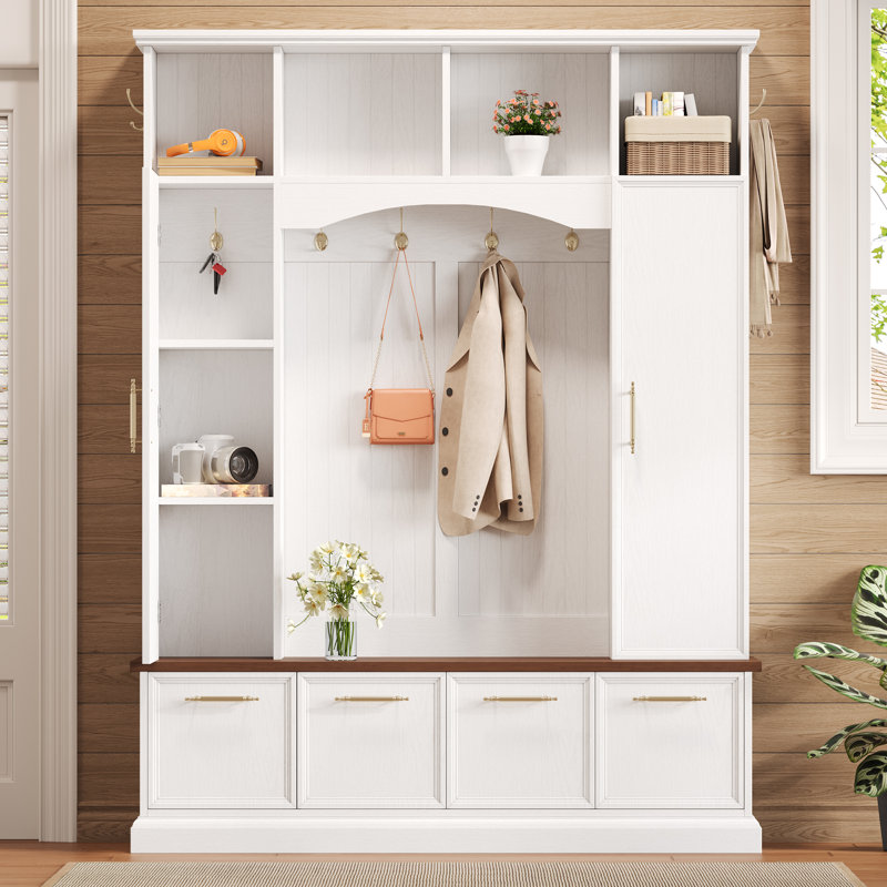 Hall Tree 59.03" Wide With Bench And Storage, White