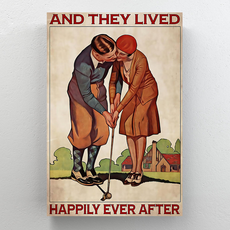 Couple jouant au golf ensemble - et ils ont survécu pour toujours - 1 reproduction d'art graphique sur toile tendue