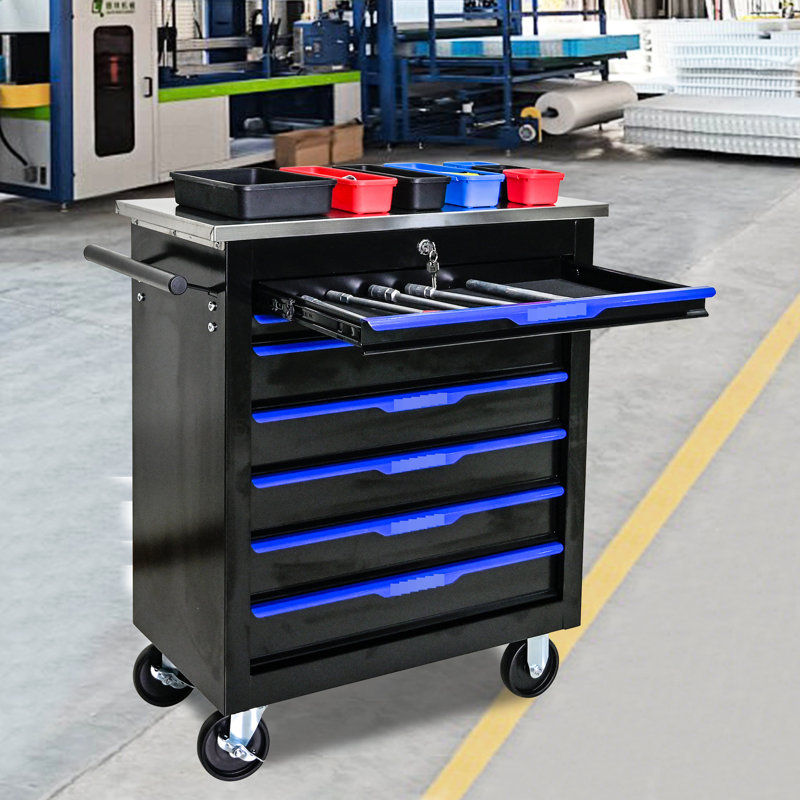 Chariot à outils 7 tiroirs avec comptoir - noir + bleu, structure en acier, tiroirs verrouillables, surface en acier inoxydable, 4 freins, 7 contenants d'atelier transportables noir et bleu, structure robuste, tiroir