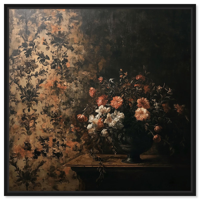 «Dark Floral Elegance», art floral rétro par Art Remedy, H 13 po x l 13 po, Cadre flottant noir