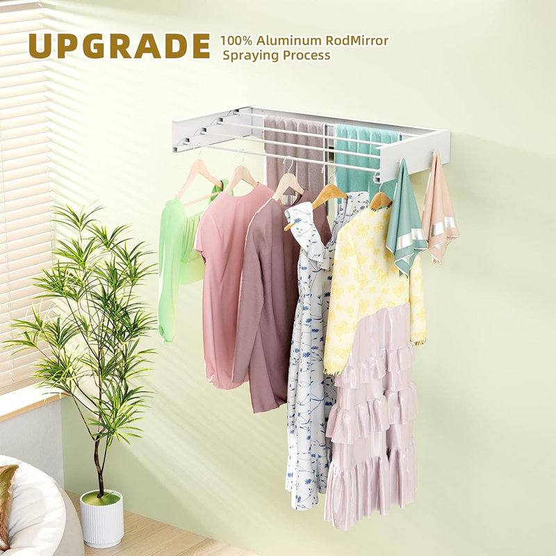 Séchoir à linge mural pliable 23,6 po avec 4 tringles et 4 crochets à serviette, séchoir à linge peu encombrant pour l'intérieur et l'extérieur, blanc