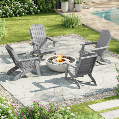 HDPE Folding Adirondack Chair with 3-Position Adjustable Back and Cup Holder, All-Weather Heavy Duty Outdoor Furniture Set for Backyard and Pool