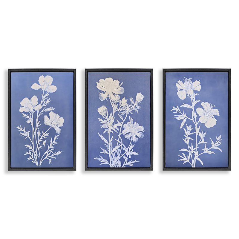  «Varied Cerulean Botanicals», ensemble de 3 toiles flottantes encadrées par Petal Prints Design, Cadre flottant noir de jais