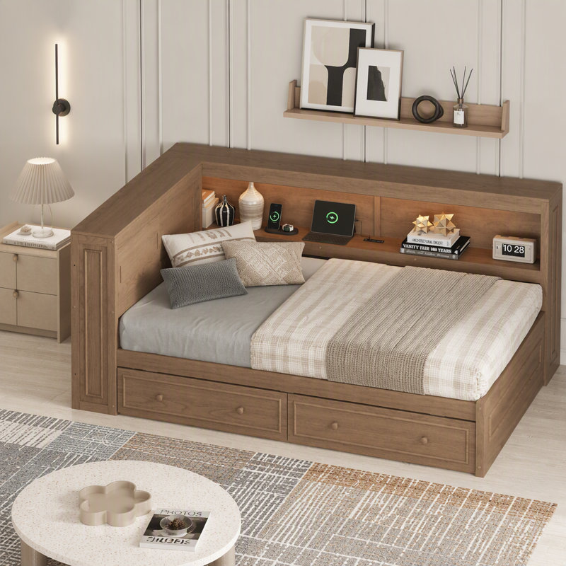 Lit de jour en bois avec rangement, USB, DEL et tiroirs, Double, Bois
