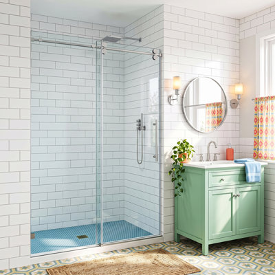 44"-79" W x 66"-76" H Frameless Single Sliding Shower Door, 3/8" (10mm) Tempered Glass with Shatter-Resistant Film, Quiet Stainless Steel Rollers, Round Tube Hardware