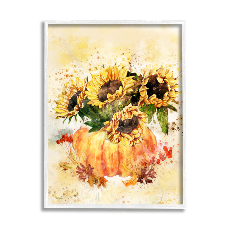 Récolte de citrouilles, tournesols et feuilles d'automne rouges et orange par Ziwei Li - Peinture, H 14 po x l 11 po