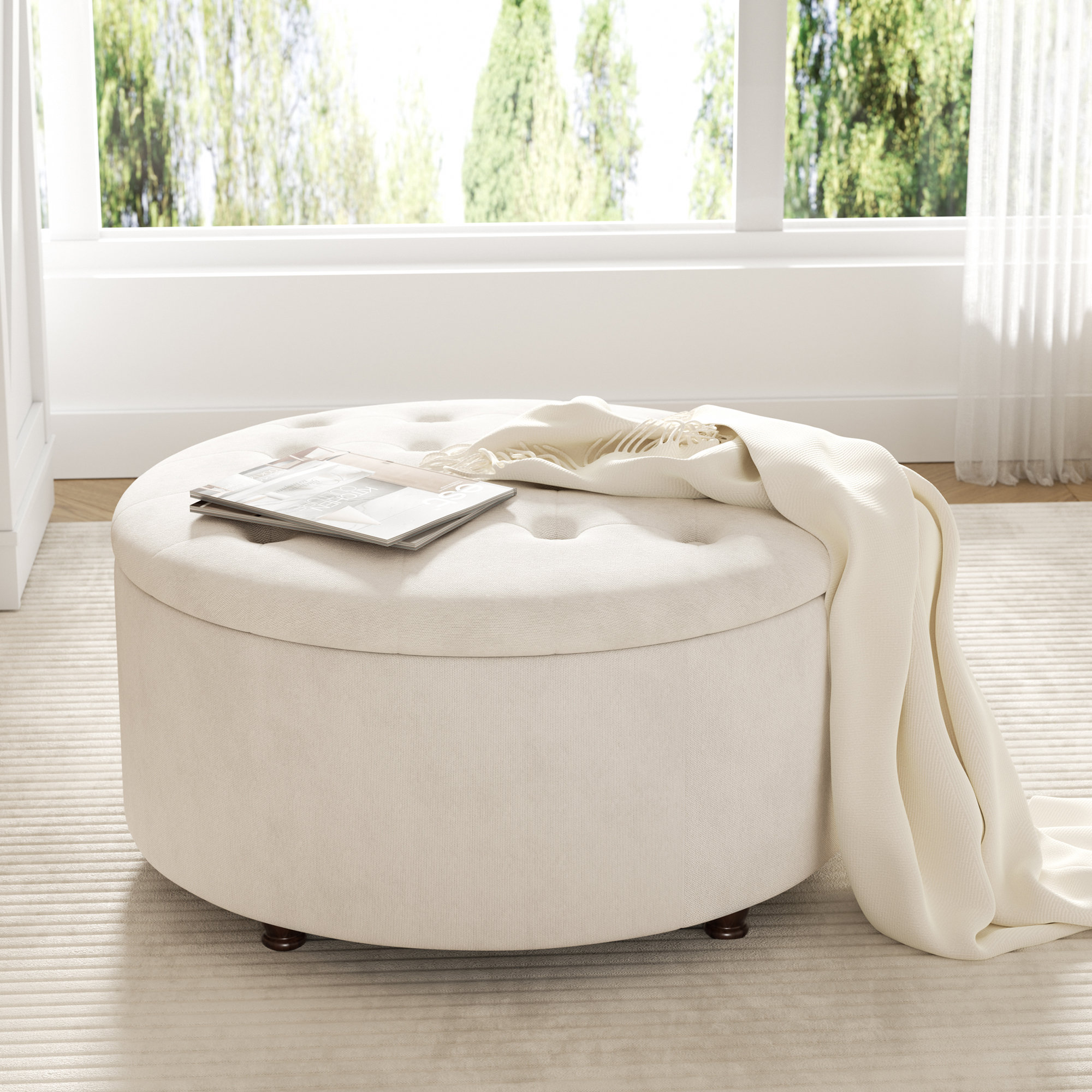 Winston Porter Upholstered Ottoman with Storage & Reviews | Wayfair | Beige Linen Blend