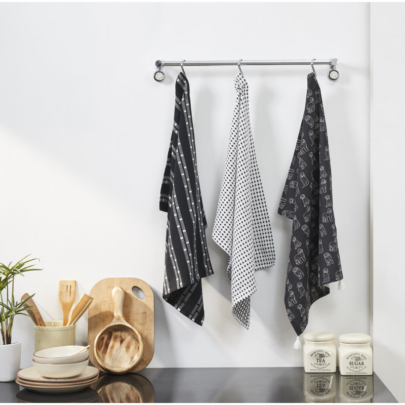 Tea Towel Kitchen Towel, 3, White/Black