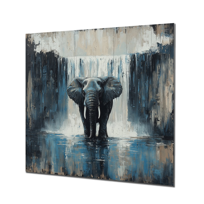 Éléphant monochrome et la cascade I - reproduction d'art moderne en métal, décoration murale éléphant en métal