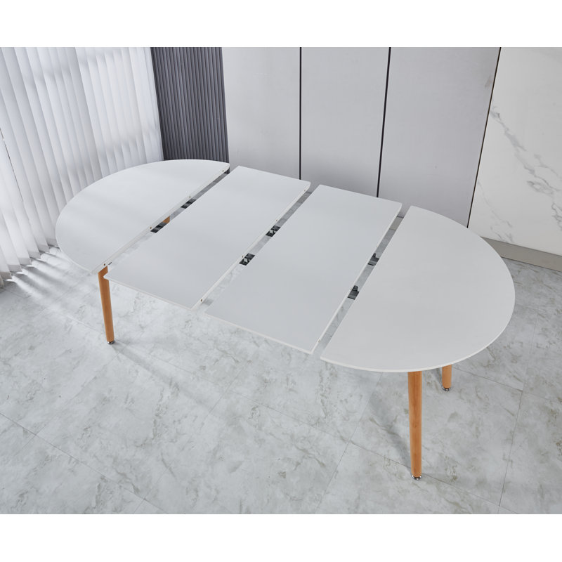 Table de salle à manger extensible avec 2 rallonges - largeur maximale de 70 po, plateau en panneau de fibres à densité moyenne et pieds en bois massif, peu encombrant pour les condos / cuisines (blanc)