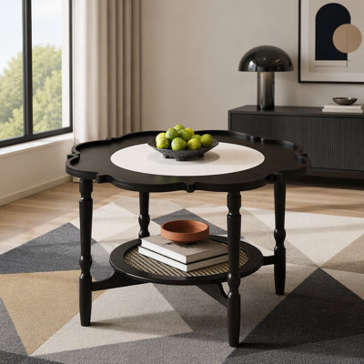 Mid-Century Petal Shape Coffee Table with Crackle Glass Top, 2-Tier Storage Shelf, Natural Rattan Accent, Modern Living Room Table