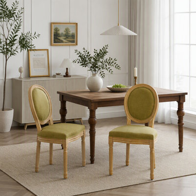 Chaise de salle à manger avec cadre en bois massif de style français et toile de lin antique, ensemble de 2