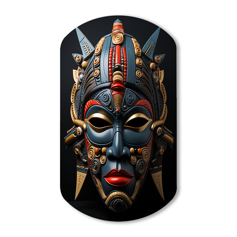 African Masked Splendor I - Art mural africain en forme de cylindre asymétrique, H 31 po x l 19 po