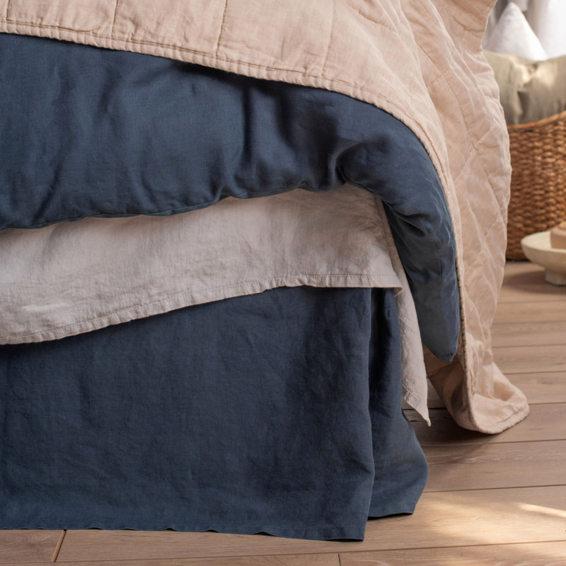Twin Baltic Blue Cotton Linen Bedskirt with Split Corner