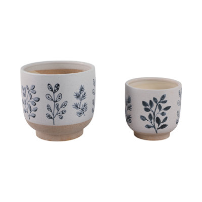 Stylish Indoor And Outdoor Planter With Hand Painted Leaves Design - Decorative Flower Pots For Living Room, Patio, Or Home Decor - Set Of 2, 8", White