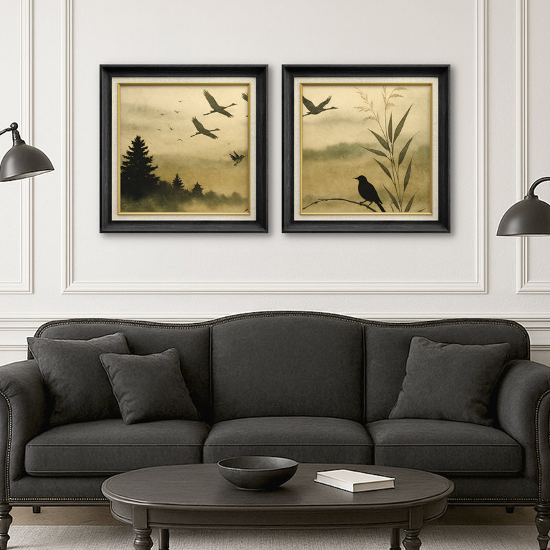 «Flying Birds and Forest Mist Landscape Minimal Nature Silhouette», reproduction d'art encadrée de la chambre principale, 2 pièces