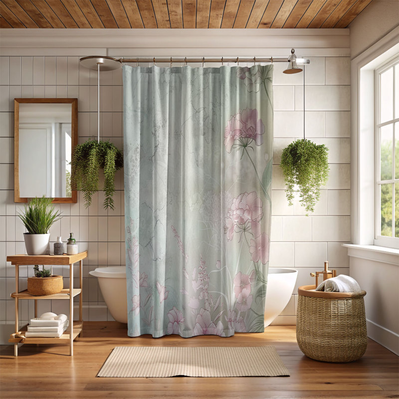 Rideau de douche standard 1 pièce rose et vert, H 74 po x l 71 po