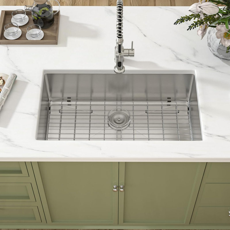32'' L Undermount Kitchen Sink Drop In Black Single Bowl Deep Stainless Steel Sink with Grid, Antique Copper