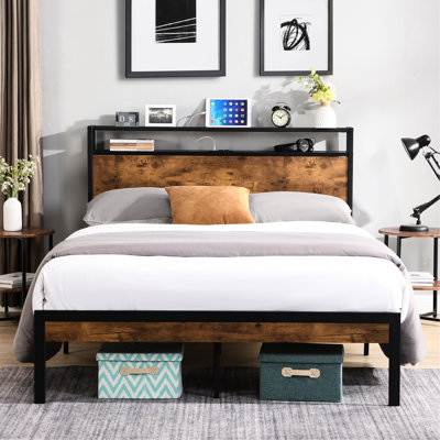 Modern King Size Metal Bed Frame With Wooden Headboard - Socket, Sufficient Under Area, , No Box Spring Required, Black + Brown Interface, Abundant Storage, Easy To Put Together, Spring, Black/Brown