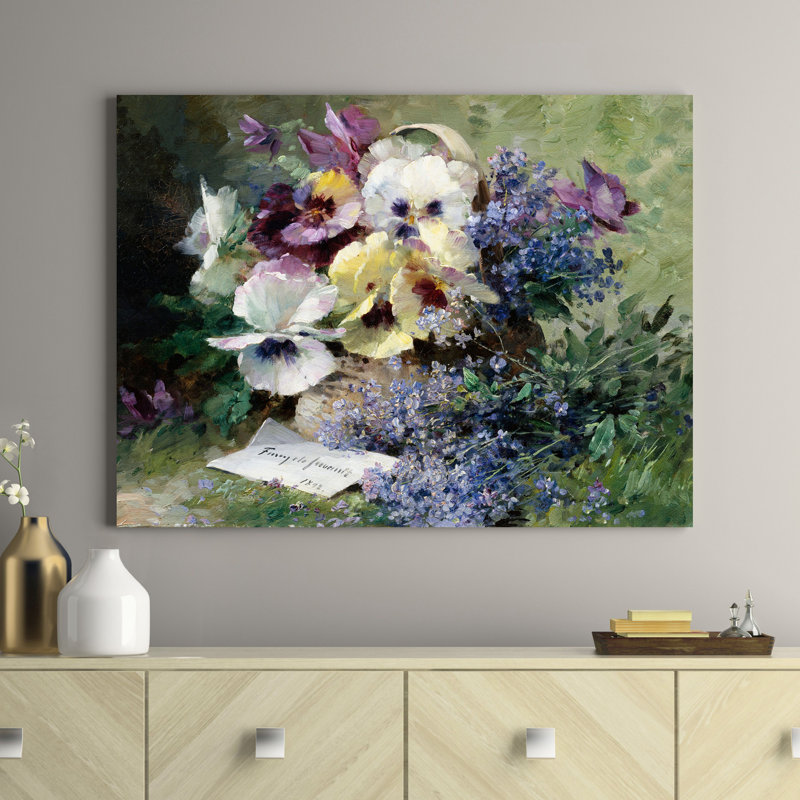 Pansies And Forget Me Not by Albert-Tibulle Furcy De Lavault - No Frame Art Prints on Canvas, 50cm H  x 70cm W  x 4cm D