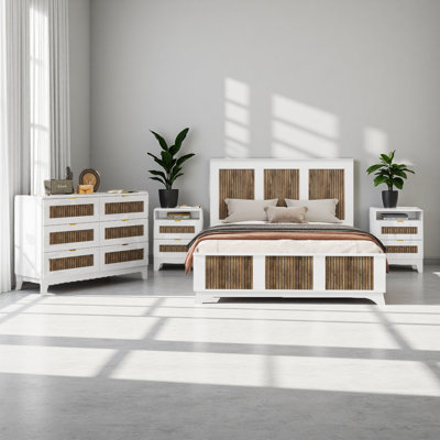 Ensemble de chambre à coucher 4 pièces, lit plateforme grand avec des autocollants en bois, table de chevet et commode avec poignée en métal