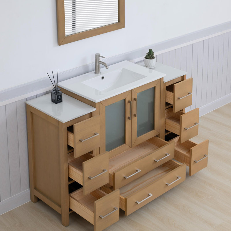 Ensemble de meuble-lavabo autoportant 54 po avec comptoir en céramique et miroir assorti Brescia, Chêne naturel