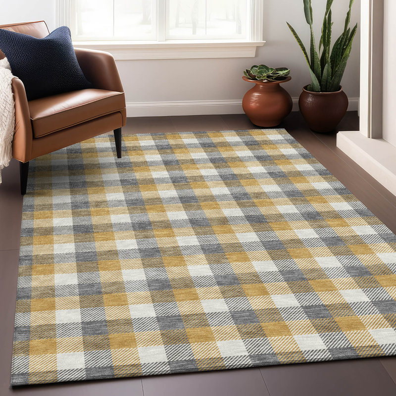 Gray Flat Woven Non-slip Machine Washable Plaid Rug 3' x 5'