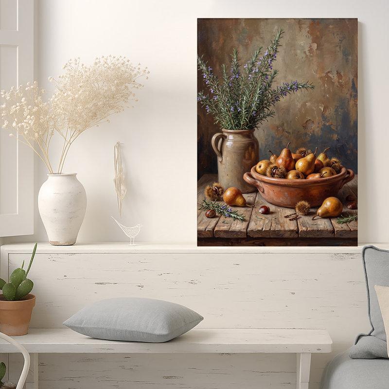 Poires et châtaignes dans un bol en terre cuite avec du romarin - Tableau sur toile, H 30 po x l 20 po