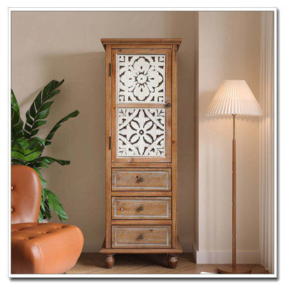 Armoire de rangement rustique en bois avec porte découpée décorative et 3 tiroirs