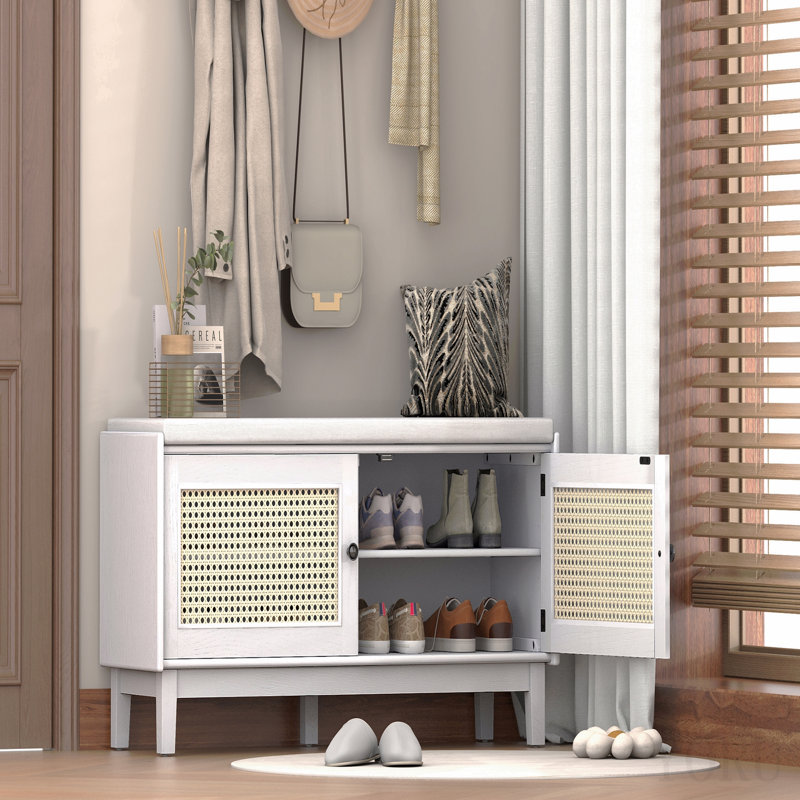 Banc d'entrée bohème en rotin avec rangement, banc à chaussures rembourré avec double porte, banc organisateur de chaussures en bois pour entrée et couloir (blanc + beige)