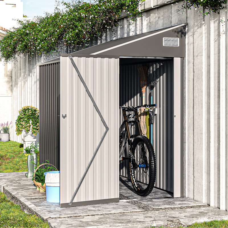 Dark Gray Metal 4*8ft Storage Shed With Smooth - Opening Single Hinge Side Door, Good Ventilation And Flexible Interior Layout For Temporary Residences Exhibitions Stable Main Frame, Windows