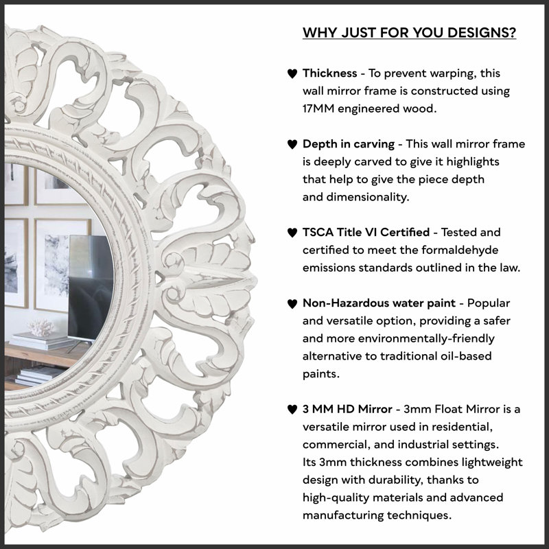 Carved Wall Mirror | Round Mirrors for Bathroom, Living Room, Bedroom, Hallway, Entryway & Any Space | Round 24x24” / White