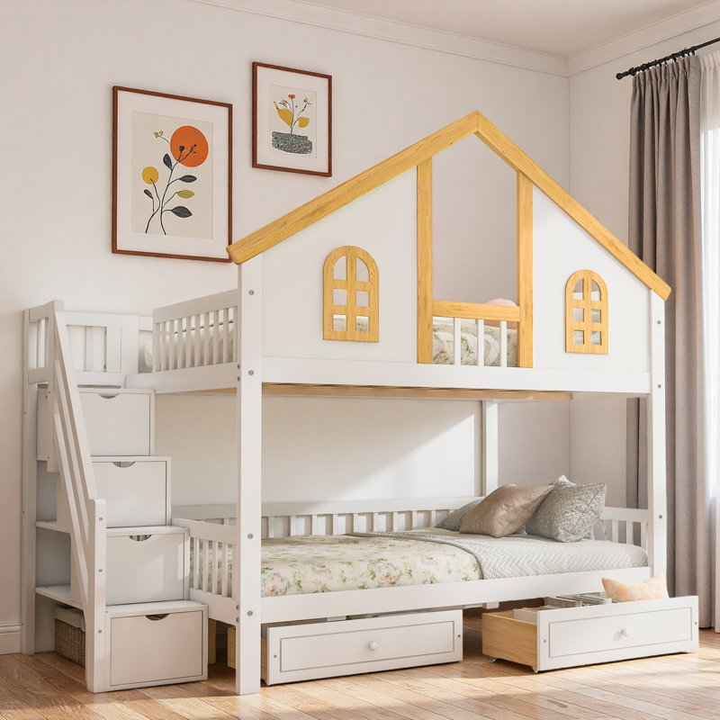 Lit superposé en bois avec escalier de rangement, tiroirs, toit de maison et porte de fenêtre