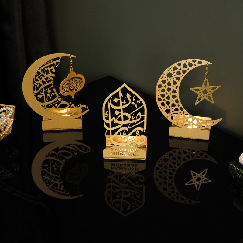 Ensemble de 3 porte-bougies en métal Ramadan Mubarak, Doré