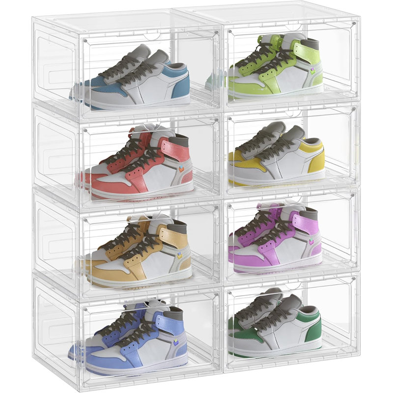 Shoe Boxes Set Of 8, Stackable Shoe Organisers With Doors, 33 X 28.5 X 19.2 Cm, Fits Shoes Up To UK Size 11, Transparent Black