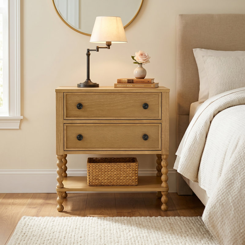 22" Modern Nightstand with 2 Soft-Close Drawers, Oak Veneer Finish, Solid Wood Legs, Tool-Free Fast Assembly, Storage Bedside Table for Bedroom, Minimalist End Table