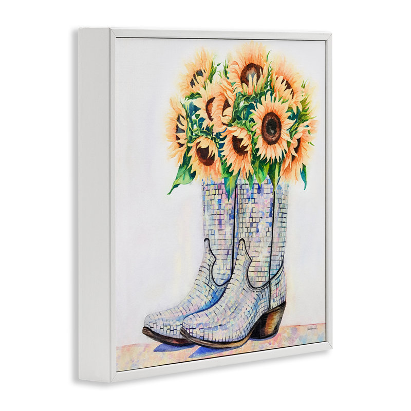 Tournesol garni de bottes de cow-boy encadrées, dessin par Amanda Greenwood, H 24 po x l 24 po