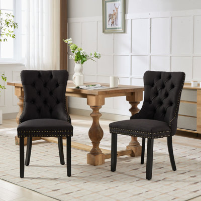 Set Of 2 High-end Tufted Solid Wood Dining Chairs, Black Linen Upholstered With Nailhead Trim, High Back Black Wood Legs, Contemporary Mid-century Dining Chairs (280lbs Capacity)