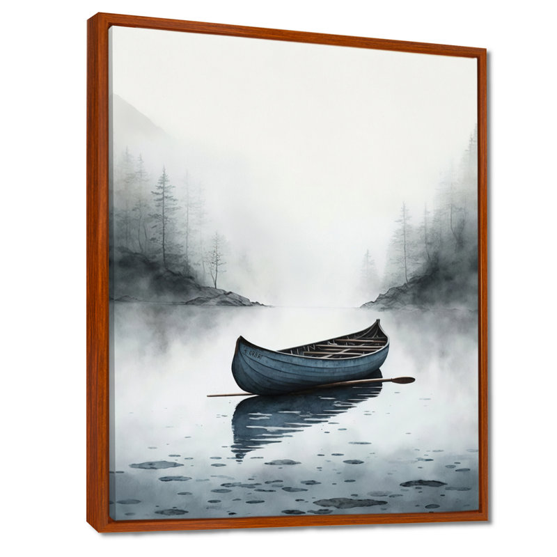 Canot sur le lac I - art mural grand bateau côtier, H 40 po x l 30 po, Cadre flottant brun