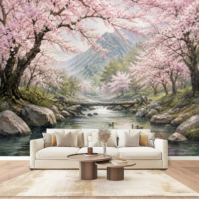 Papier peint mural autocollant moderne avec cerisiers en fleurs, pont en bois et oiseaux de la campagne (aquarelle), idéal pour la chambre ou le salon. Dimensions : 254 cm (L) x 366 cm (l).