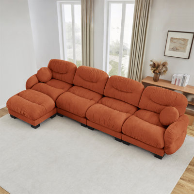 Canapé modulaire confortable à 4 places en tissu de chenille plissé avec siège ergonomique en mousse haute densité, canapé modulaire en forme de L avec repose-pieds, accoudoirs arrondis arrondis et 2 coussins décoratifs ronds