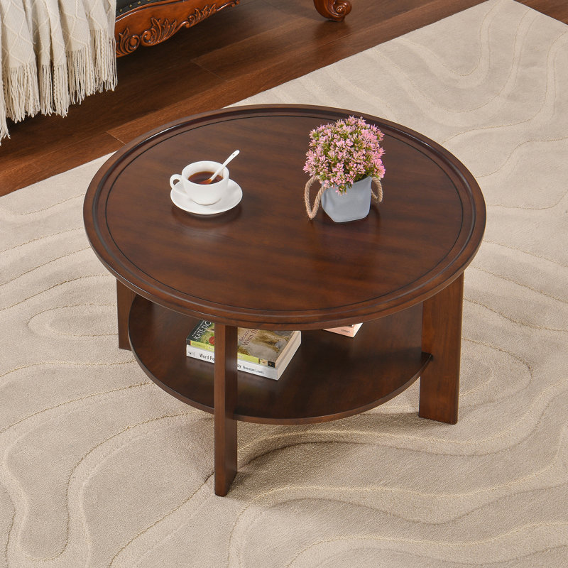 LUMERA Collection Traditional Round Wood Coffee Table with Raised Tray Edge, Rich Cherry Finish and Lower Display Shelf, Elegant Center Table for Living Room Decor