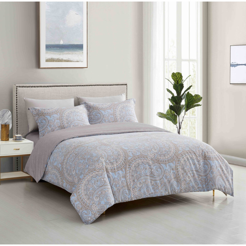 Ensemble de housse de couette réversible en microfibre bleue 3 pièces, Housse de couette grand + 2 taies décoratives
