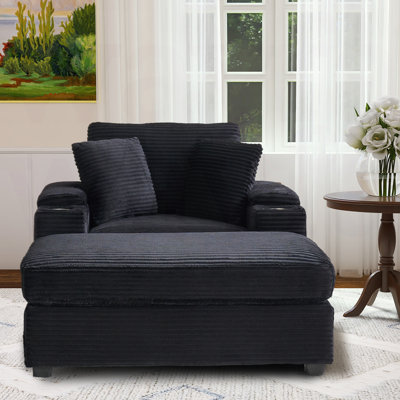 Alhertine 41.85" Wide Corduroy Upholstered Chaise Lounge with Cup Holders,Arm Storage,Throw Pillows by Latitude Run