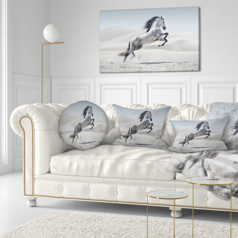 Cheval blanc au galop - coussin décoratif imprimé animal
