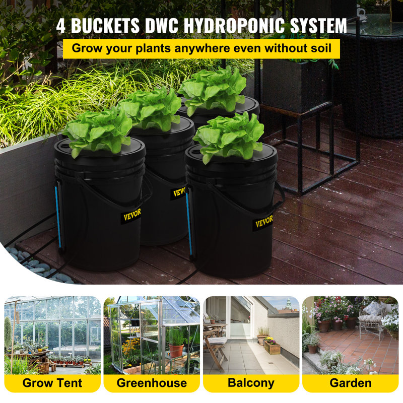 Black 5 Gallon 4-Bucket Hydroponic System for Indoor/Outdoor Use