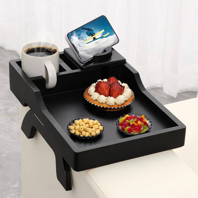 Multi-Function Sofa Arm Tray Table With 360° Rotating Phone & Tablet Holder, Non-Slip Drink Holders, Adjustable Design For Couch, Eating, Working And Watching TV