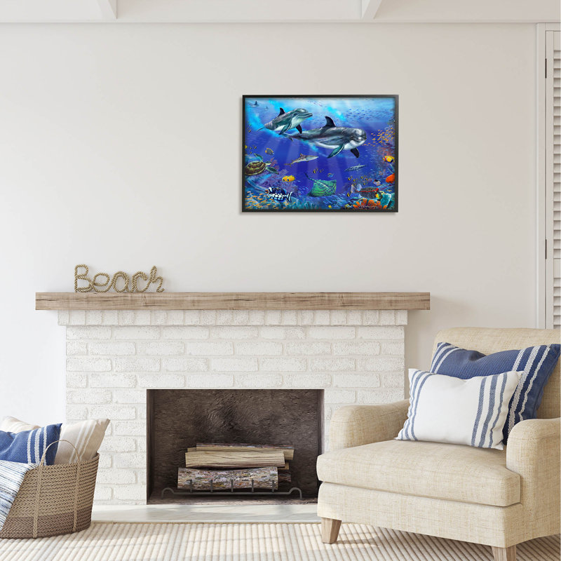 Au-485-Giclée sous-marine, scène de la vie des dauphins par Interlitho, peinture, L 30 po x H 24 po x P 1,5 po